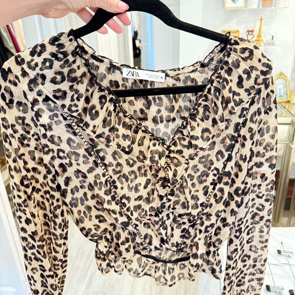 Zara Leopard Animal Print Frill Ruffle V-Neck Peplum Crop Blouse